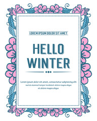 Card hello winter, with ornament of blue leafy floral frame background. Vector