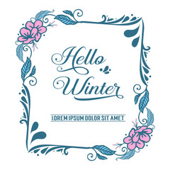 Design element of pink flower frame and blue leaves, for decoration of card hello winter. Vector