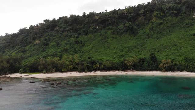 aerial view of a tropical island with clear water palm trees and coral reef in Vanuatu, South pacific