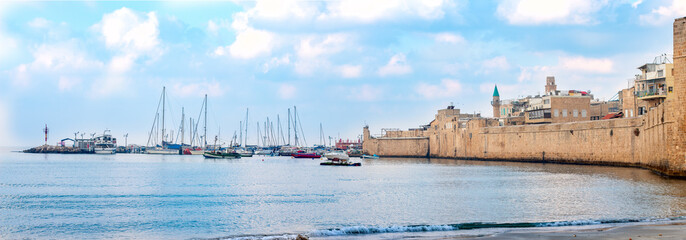 the fortress wall of Acre on the shores of the Mediterranean Sea.