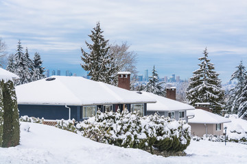 Street of residential houses in suburban of Vancouver on winter cloudy day