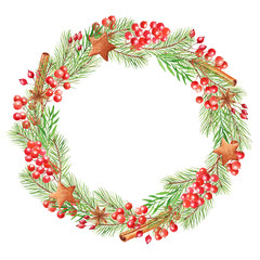 Watercolor Christmas wreath with berries, fir branches, cinnamon sticks and gingerbread. Festive round frame isolated on a white