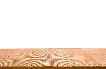 Abstract Natural bamboo mat on wood table isolated on white background : Top view of plank wood for graphic stand product, interior design or montage display your product