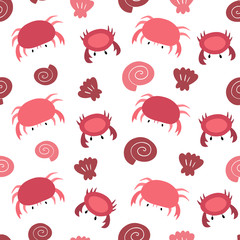 Marine vector seamless pattern with crabs and shells. Doodle style, hand drawn. Item for your design.