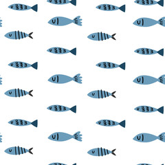 Marine vector seamless pattern with fish. Doodle style, hand drawn. Item for your design.
