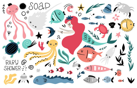 Big marine vector set of graphic elements for children's design. Doodle style, hand drawn. Marine animals and plants, mermaid, inscriptions.