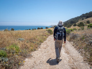 Hiker walking on path, Water Canyon Beach, Coastal Road, near Ranch at Bechers Bay Pier on a sunny spring day, Santa Rosa Island, Channel Islands National Park, Ventura, California, USA