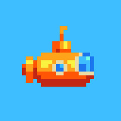 Yellow submarine pixel art icon, design for logo, sticker, mobile app, isolated vector illustration on white background. Game assets 8-bit sprite.