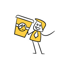 Fototapeta na wymiar marketer or businessman holding coffee cup for branding design yellow stick figure design