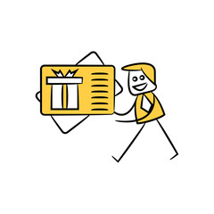 marketer or businessman holding  gift voucher yellow stick figure design