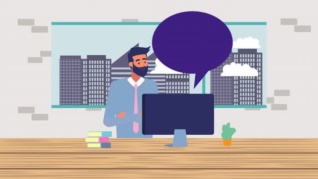 businessman with desktop and speech bubble animation