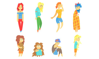 Collection of Sad and Depressed Girls, Unhappy Young Women, Depression Concept Vector Illustration