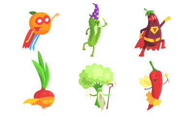 Obraz premium Funny Fruits and Vegetables Characters Wearing Wizard and Superhero Costume Set, Orange, Cucumber, Eggplant, Onion, Broccoli, Hot Chilli Pepper Vector Illustration
