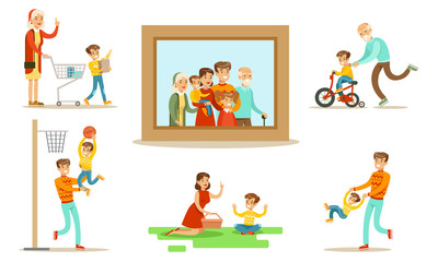 Fototapeta premium Happy Family Portrait, Grandparents, Parents and Children Having Good Time Together Set Flat Vector Illustration