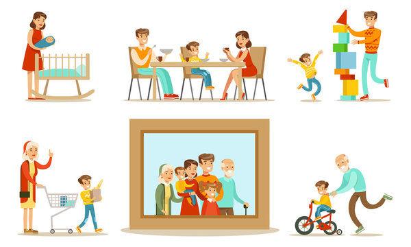 Happy Family Portrait, Grandparents, Parents and Children Having Good Time Together Set Vector Illustration