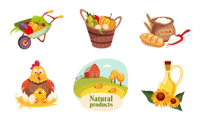 Farm Animals and Eco Healthy Products Set, Farm and Agricultural Badges Vector Illustration