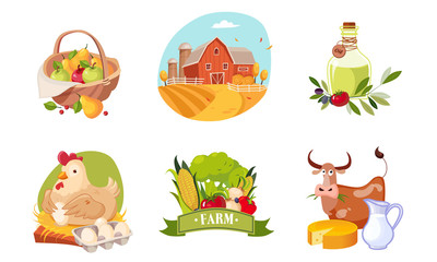 Farm Animals, Poultry and Eco Healthy Products Set, Farm and Agricultural Badges Vector Illustration