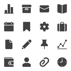 UI UX vector icons set, modern solid symbol collection, filled style pictogram pack. Signs, logo illustration. Set includes icons as calendar, archive folder, portfolio, setting gear, clock time, user