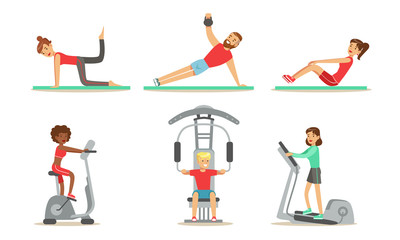 Fototapeta na wymiar People Exercising in the Gym with the Equipment Set, Men and Women Wearing Sports Clothes Doing Fitness Training on Exercise Machines, Healthy Lifestyle Concept Vector Illustration