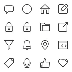 UI line icons set. linear style symbols collection, outline signs pack. vector graphics. Set includes icons as chat message, clock time, home, security lock, document folder, notification bell, like