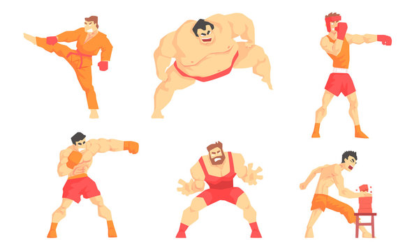 Asian Martial Arts Fighters Set, Male Professional Athletes Practicing Different Technique Kicks, Wushu, Boxing, Sumo, Wrestling Vector Illustration