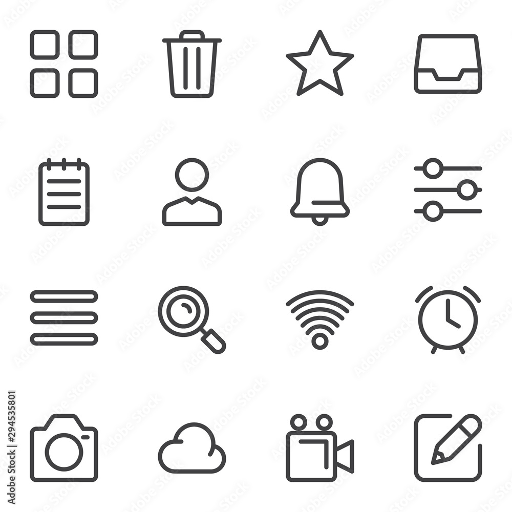 Poster universal basic line icons set. linear style symbols collection outline signs pack. vector graphics.