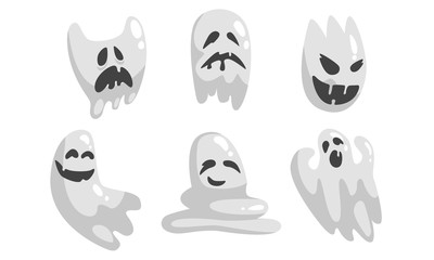 Cute White Ghost Cartoon Character Set, Funny Halloween Scary Ghostly Monster with Various Emotions Vector Illustration