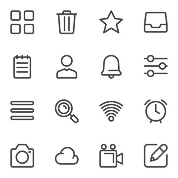 Universal basic line icons set. linear style symbols collection outline signs pack. vector graphics. Set includes icons as trash bin, task list, wifi signal, alarm clock, camera, user contact, cloud