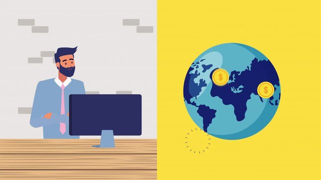 businessman with desktop and world planet animation