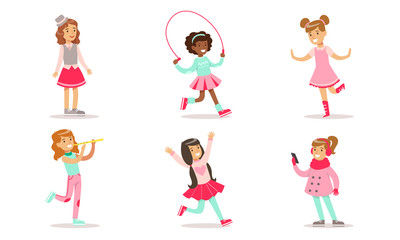 Beautiful Girls Doing Different Activities Set, Cute Adorable Girls in Pink Fashionable Clothes Vector Illustration