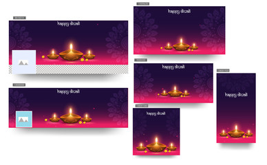 Happy Diwali header, poster and template design with illuminated oil lamp (Diya) on purple and pink mandala pattern background.