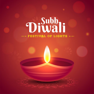 Subh Diwali celebration poster or greeting card design with illuminated oil lamp (Diya) on red bokeh background.
