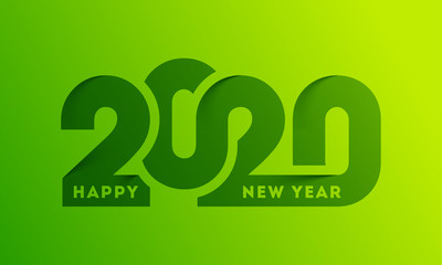Paper cut text 2020 on green background for Happy New Year celebration. Can be used as greeting card design.