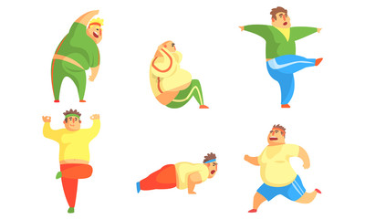 Fat Men Exercising in the Gym Set, Chubby Male Characters Doing Workout Vector Illustration