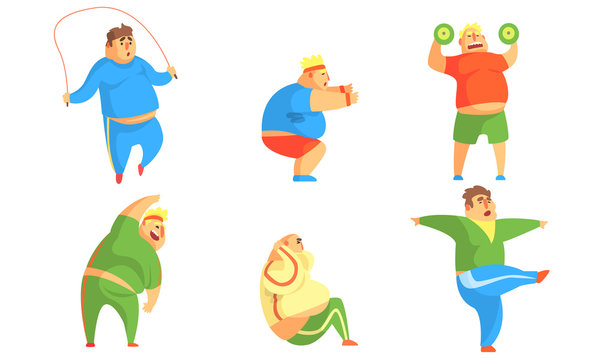 Funny Fat Men Exercising in the Gym Set, Chubby Male Characters Doing Workout Vector Illustration