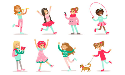 Beautiful Girls Doing Different Activities Set, Cute Adorable Girls in Fashionable Clothes Vector Illustration