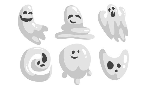 Cute White Ghost Cartoon Character Set, Funny Halloween Scary Ghostly Monster Vector Illustration