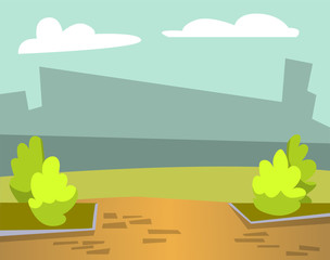 Fototapeta premium Small town with cityscape silhouette, ground with growing greenery. Park decoration in city, bushes, urban exterior in distance, clouds at sky. Vector illustration in flat cartoon style