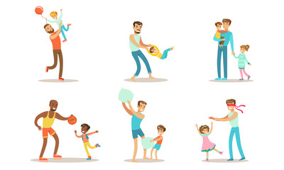 Fototapeta na wymiar Happy Fathers Playing, Having Fun and Enjoying Good Time with Their Kids Set Vector Illustration