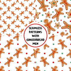 Set of vector seamless patterns with gingerbread men. Design for greeting card, gift box, wallpaper, fabric, package, tablecloth, web design. Isolated on white.