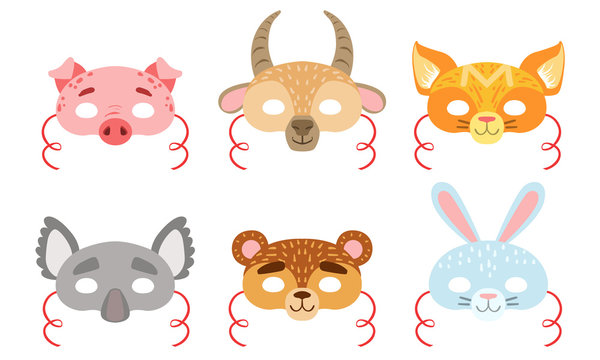 Animals Carnival Masks Set, Pig, Hen, Goat, Fox, Koala, Bear, Hare Vector Illustration
