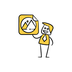 businessman holding sticker and branding design concept yellow stick figure design