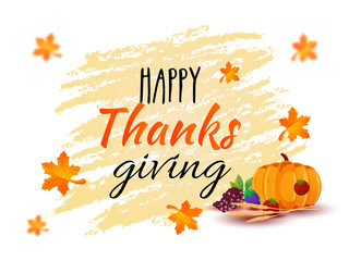 Calligraphy of Happy Thanksgiving with vegetables, grapes, wheat ear and maple leaves decorated on yellow brush stroke grunge background.