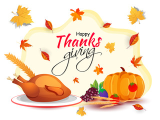 Happy Thanksgiving greeting card design with vegetables, grapes, chicken and autumn leaves decorated on abstract background.