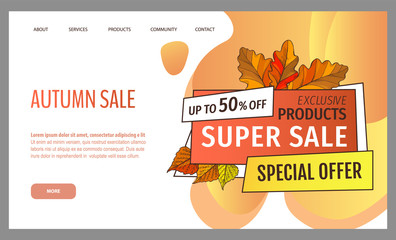Naklejka premium Card with seasonal proposition from store, vector. Shop sale in autumn. Autumnal offer discounts. Fall leaves with gold tag. Flyer hot price and lowered cost, promotion premium quality goods