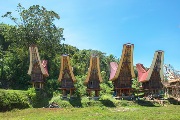 Traditional Alang rice barn, Rantepao, Tana Toraja, South Sulawesi, Indonesia . Alang  houses  have a distinguishing boat-shaped.