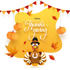 Happy Thanksgiving greeting card design decorated with hanging pumpkins, autumn leaves and turkey bird wearing pilgrim hat on abstract background.