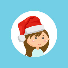 Christmas and Santa hat on little girl portrait. Winter holiday celebration, festive headdress, child or kid, party costume, red textile and fur. Vector illustration in flat cartoon style