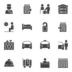 Hotel vector icons set, modern solid symbol collection, filled style pictogram pack. Signs, logo illustration. Set includes icons as reception service, five star hotel rating, car parking, elevator