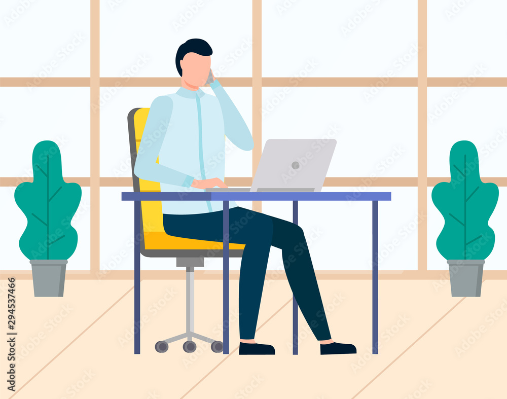 Poster man worker using laptop, businessman character sitting at table with computer. manager talking on ph